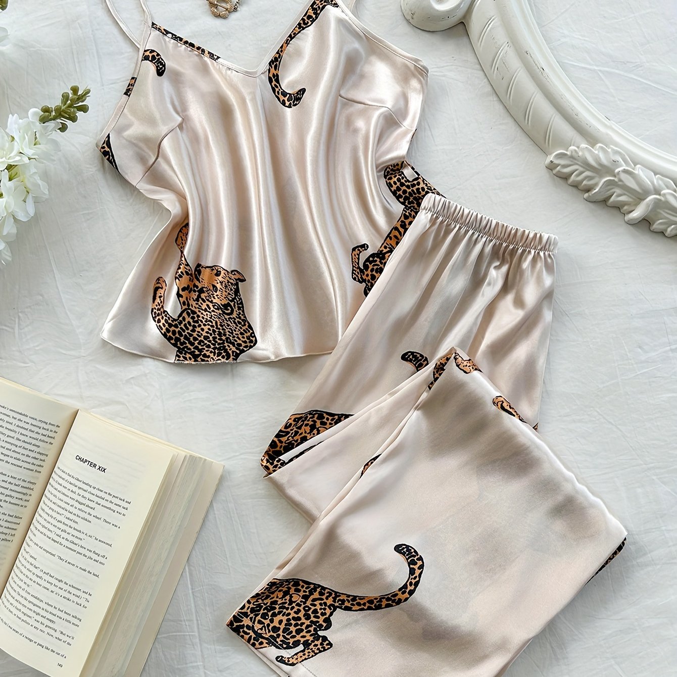 Leopard Print V-Neck Suspender Pajama Set