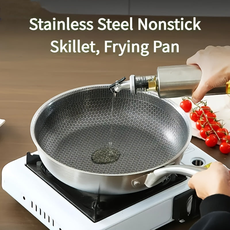 One piece of a scratch-resistant stainless steel skillet with a honeycomb design, ideal for both kitchen and outdoor cooking.