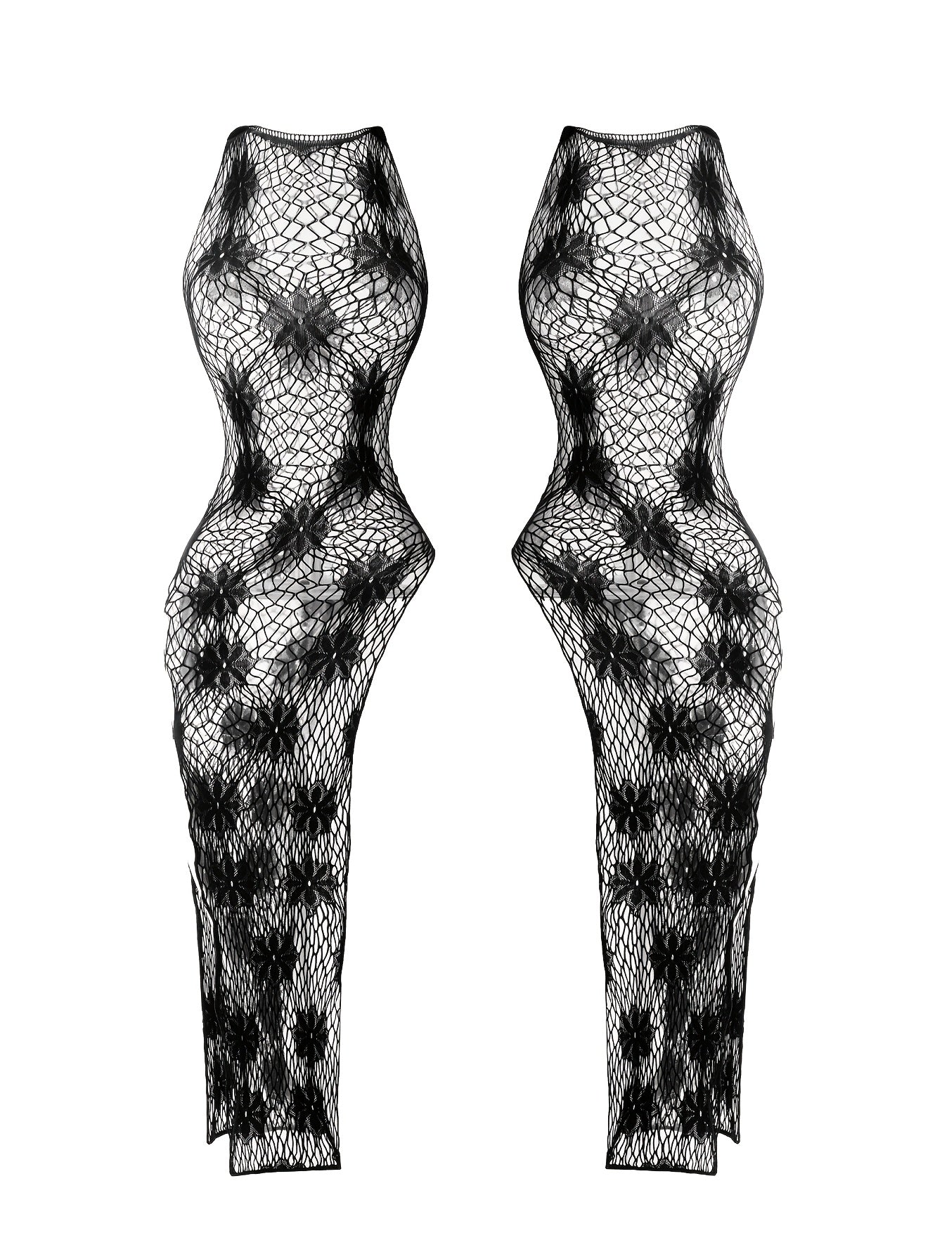 Black and white lace bodycon dress with mesh babydoll design, flower slit, and nylon/elastane blend. Hand washable. Sexy lingerie for women.