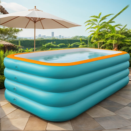 Large inflatable swimming pool for adults - 3m x 2.5m, reinforced and thickened, green and orange water park design with 4 rings, portable folding summer pool.