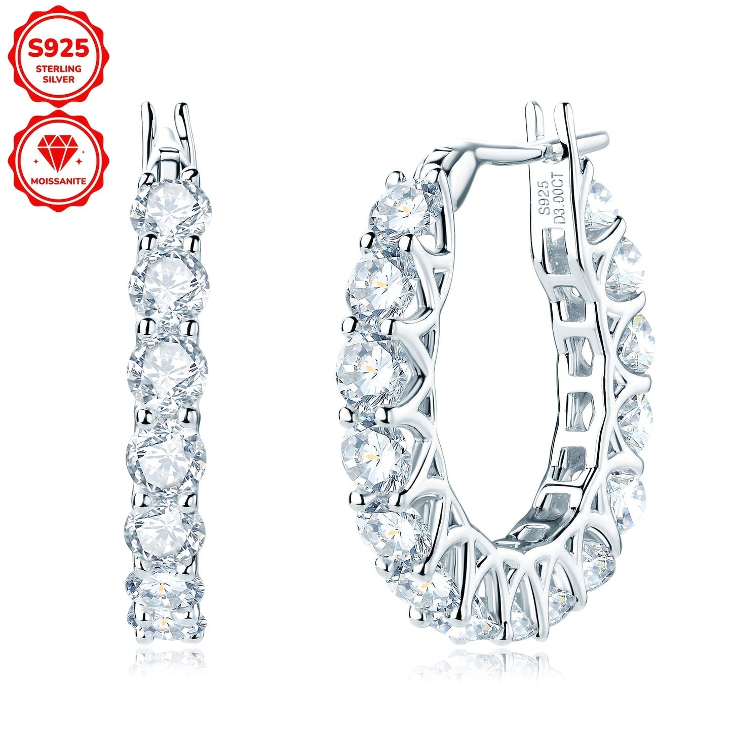 These earrings are made of 925 sterling silver and feature a pair of round Moissanite stones measuring 3mm each, with a total weight of 1.5 carats. The earrings are adorned with 30 Moissanite stones in total, each weighing 3.74 grams. This elegant design