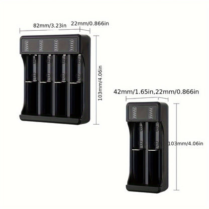 LED USB charger for 3.7V lithium batteries (10440, 14500, 18650), with quick charge and overcharge protection. Operating voltage ≤36V, battery not included.