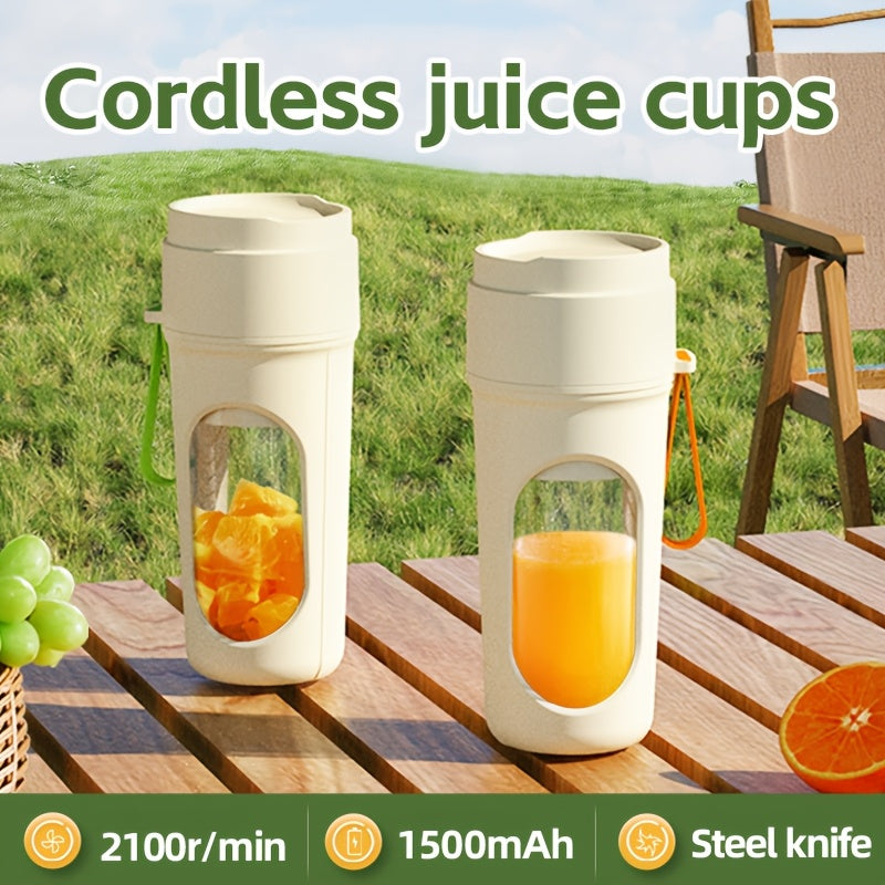 Compact and portable HOTU 1 Juicer and Blender with USB-C wireless technology. Perfect for making frozen drinks, smoothies, dressings, and more. Comes with a 450mL/15oz. to-go cup, storage lid, and is rechargeable and self-cleaning. This stainless steel