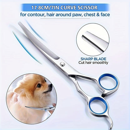 Pet grooming set includes blue trimming scissors, professional grooming scissors, curved scissors and combs, all made of stainless steel for dogs.