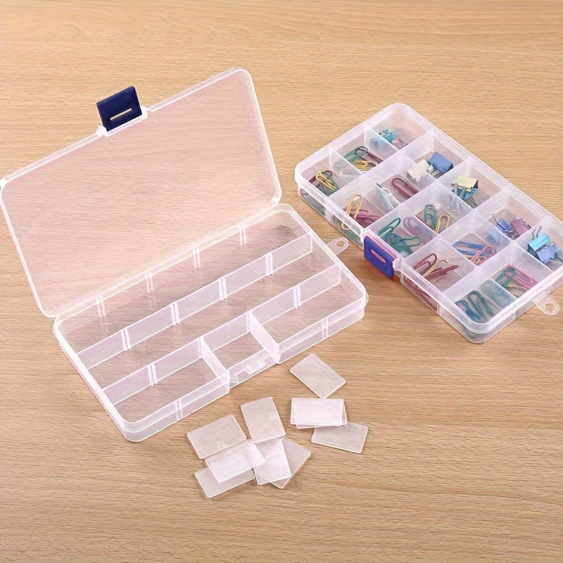 Detachable 15-grid clear box for organizing jewelry, medicine, makeup, needles, screws, nails, and fishing tackle supplies.