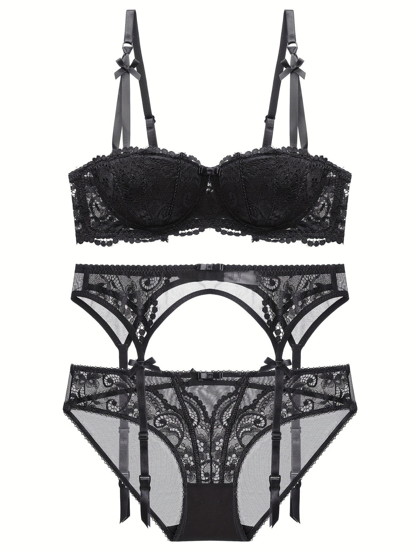 Floral lace lingerie set includes push up balconette bra with bow tie and matching bikini panties for women.