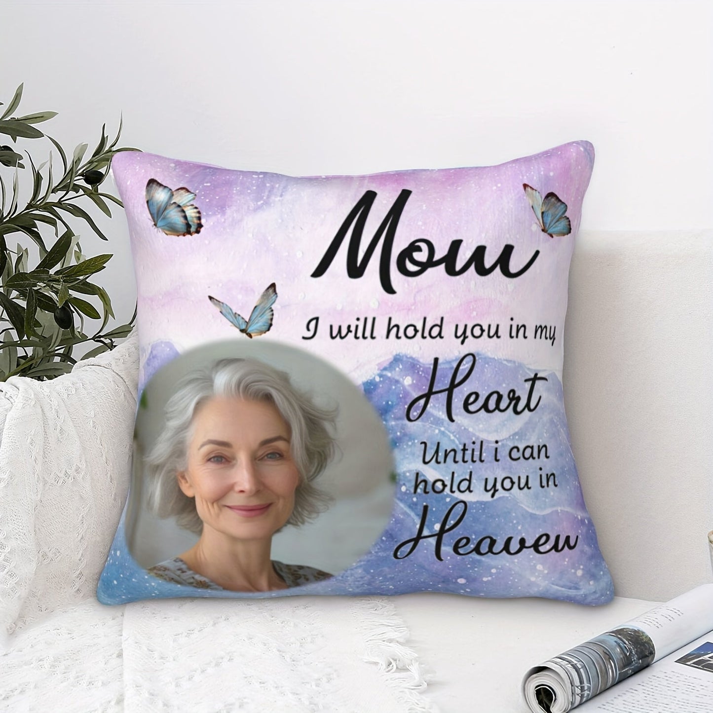 Personalized Polyester Pillowcase featuring a Custom Photo and Loving Message - Suitable for Ages 14 and Up, Includes 1 Plush Pillow Cover, Heartfelt Design with the Quote "Mom I Will Hold You in My Heart Until I Can Hold You in Heaven", Made of