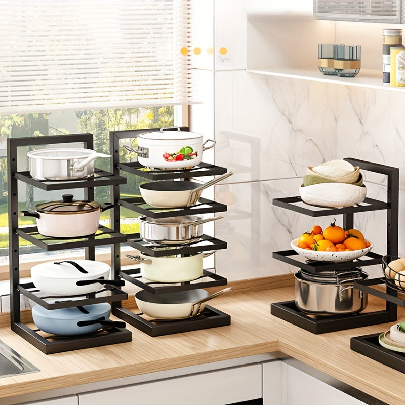 Stainless steel pot rack with adjustable height, available in 3-tier or 4-tier options. Ideal for kitchen or restaurant use, with durable metal construction and space-saving design.