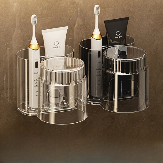 Toothbrush holder with cup that mounts on wall - space-saving bathroom organizer.