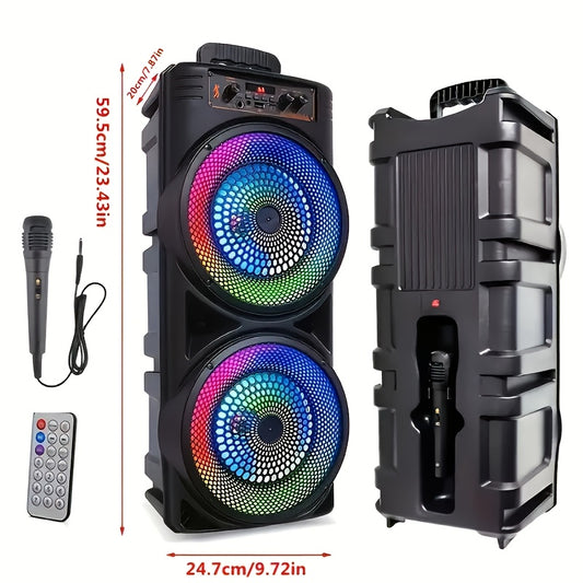 High-power portable stereo speaker with LED lights, USB, wireless connectivity, bass boost, hi-res audio, button control, rechargeable lithium battery. Suitable for music players, TVs