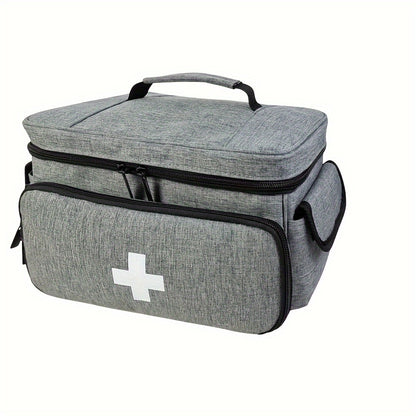 Durable PU medicine storage bag with multiple compartments for home and emergency needs. Non-food safe. Available in red, black, and grey for first aid use.