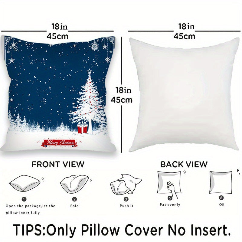 Two pieces of Blue Merry Christmas throw pillow covers, measuring 45.72x45.72 cm each. Made of soft polyester fabric, these square cushion cases are suitable for the living room, bedroom, or car. Pillow cores are not included, and the covers are machine