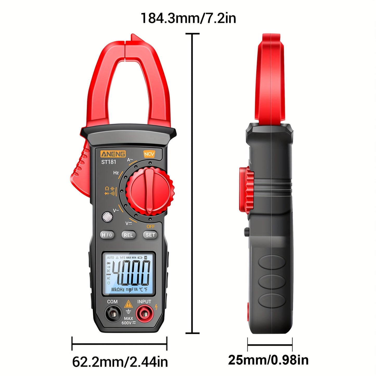 Набор ST181 Advanced Clamp Multimeter включает индукционную ручку и зуммер для измерения тока, напряжения, ёмкости, сопротивления, обнаружения NVC, непрерывности диода и рабочего цикла.