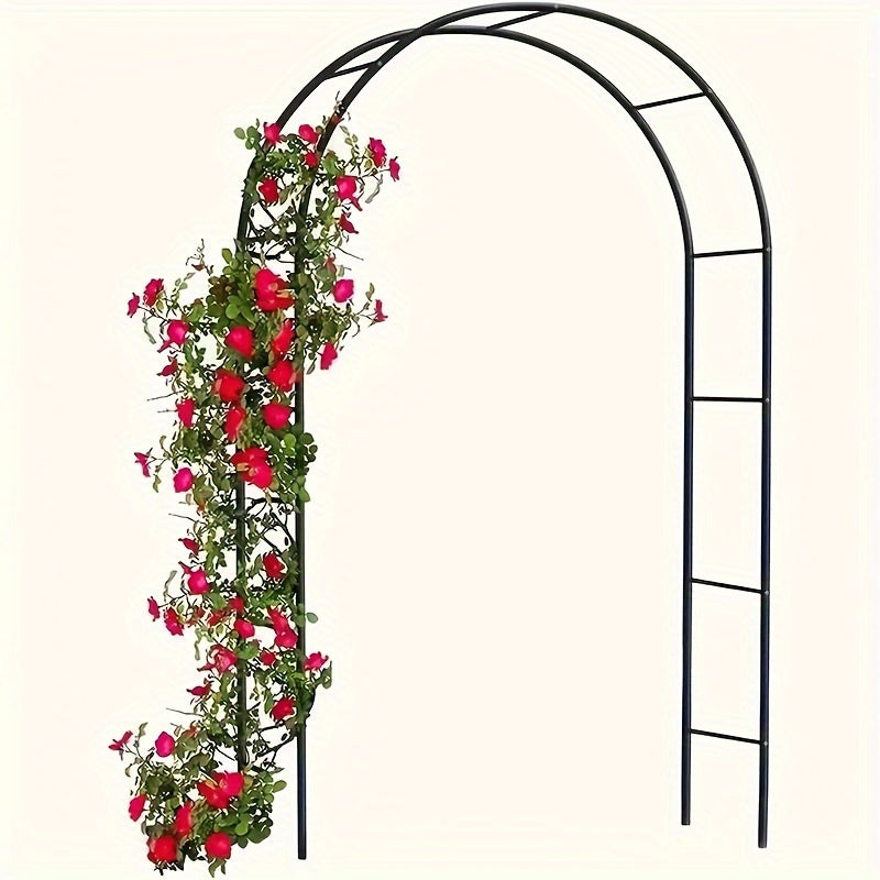 Metal wedding arch flower stand for ceremonies with pink and white floral design, perfect for outdoor decoration.