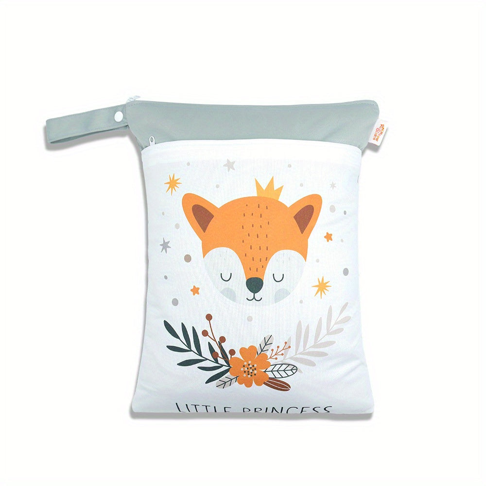 Travel in style with the Mommy Bag Double Zipper Trolley Hanging Bag, a waterproof diaper bag adorned with a cute fox print. This versatile storage bag is perfect for all your travel essentials.