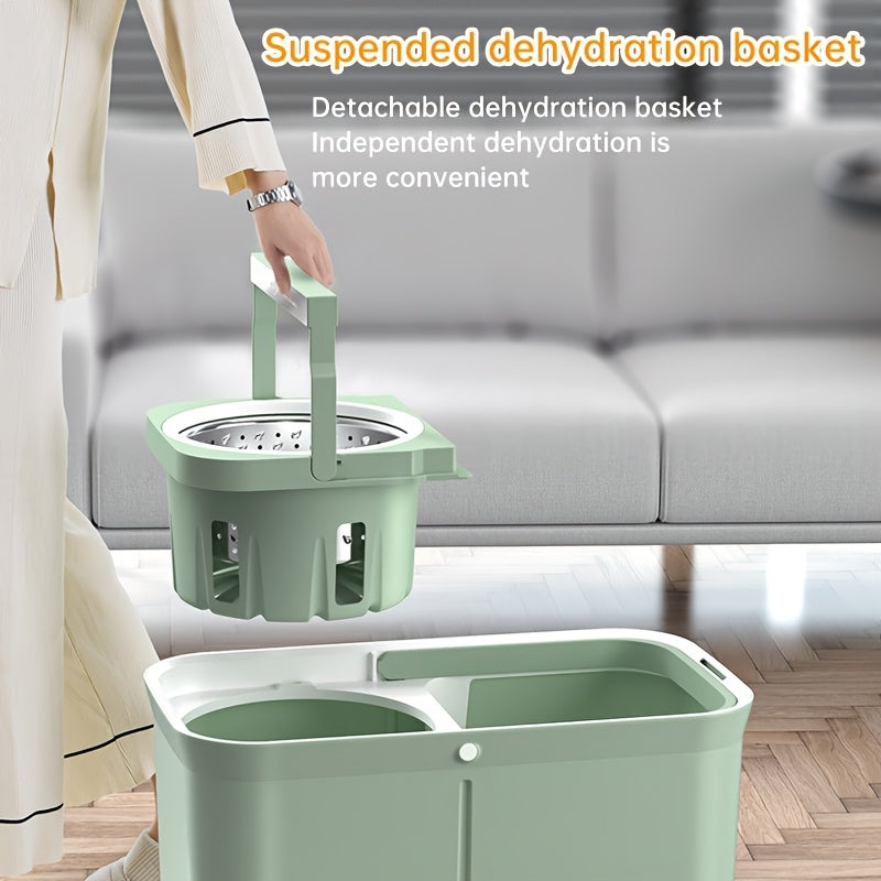 The Rotating Mop Bucket Set with Stainless Steel Rod, Three Mop Cloths, and Hands-Free Washing Design is perfect for households and ideal for use in the living room, kitchen, and bathroom. It is specially designed for those who prefer a more convenient