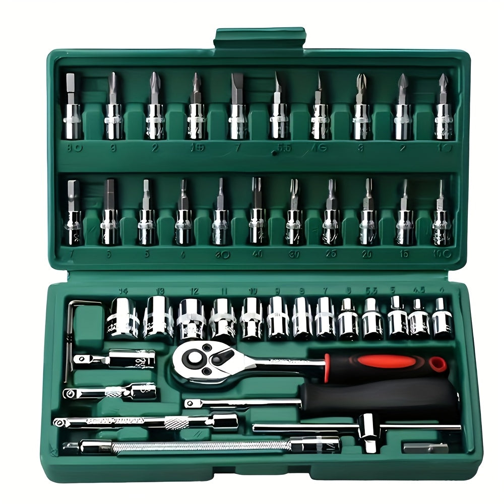 46-piece professional wheel tool set for advanced car repair, made of chrome vanadium steel. Includes quick wheel nut wrench, torque wrench, screwdriver, and portable green toolbox. Ideal