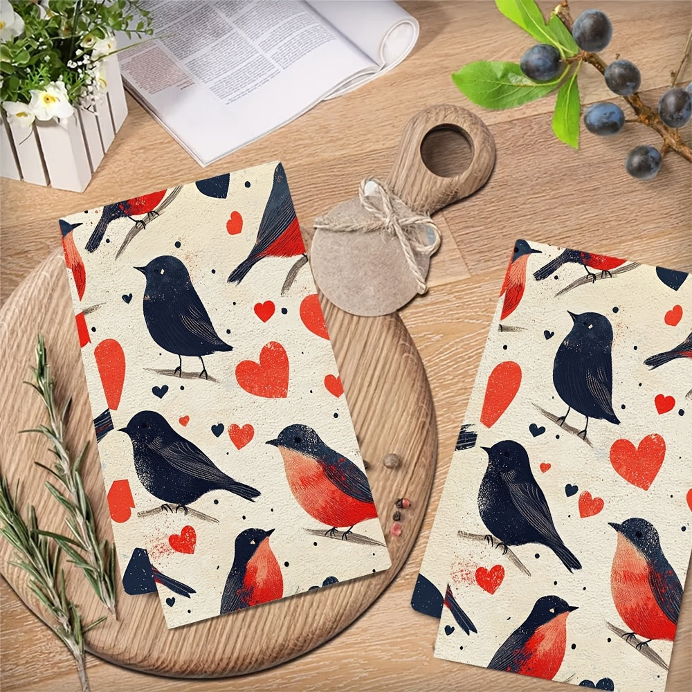 Two ultra-soft kitchen towels decorated with birds symbolizing Valentine's Day. These highly absorbent dish towels are perfect for holiday decor, machine washable, and measure 40.64x60.96 cm.