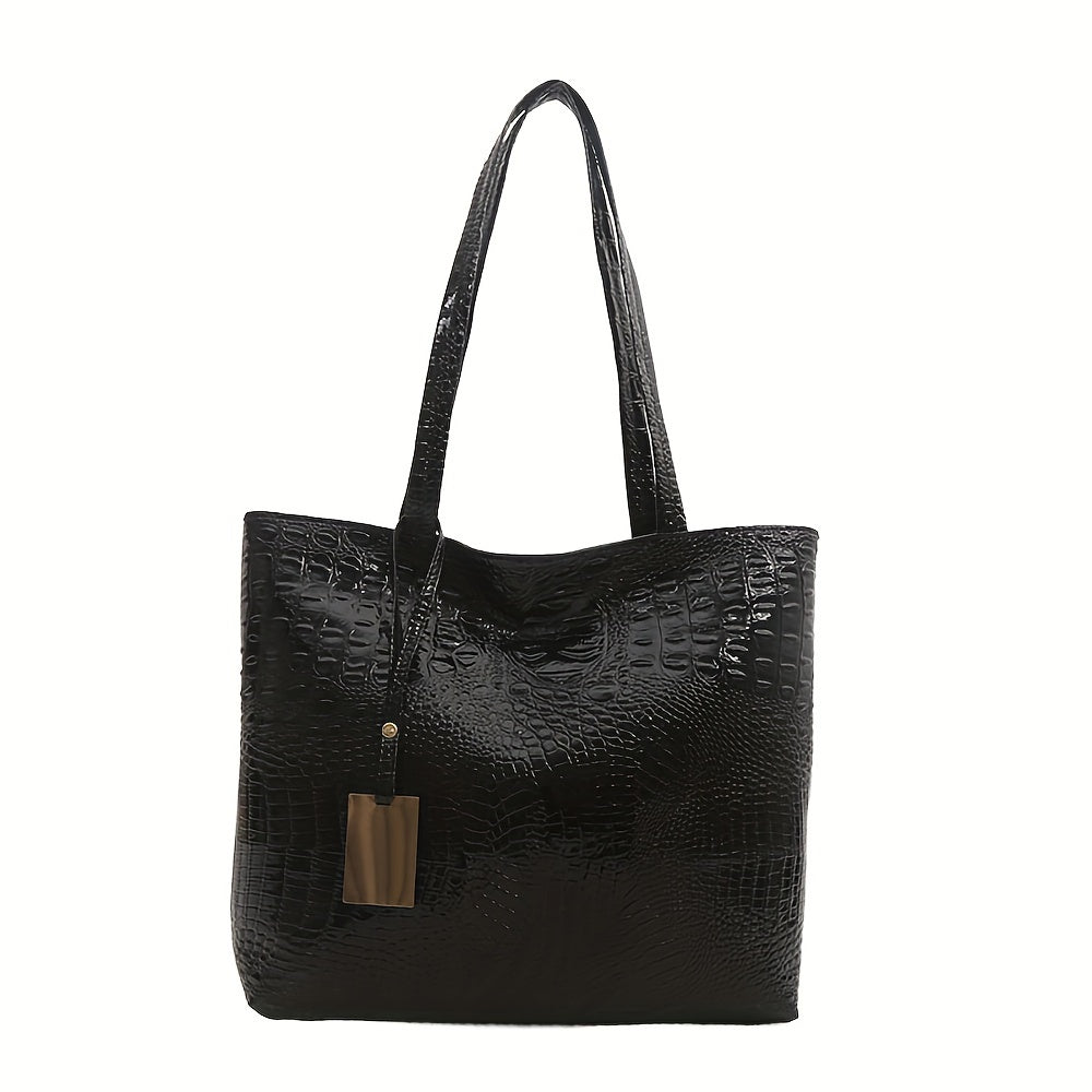 Lightweight, business casual tote with large capacity. Double handle shoulder bag made of PU material, features crocodile pattern detail, ideal for commuting and work.