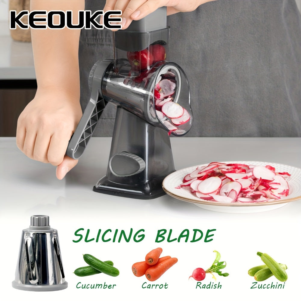 "KEOUKE Versatile Cheese Grater & Vegetable Slicer - Handheld with Stainless Steel Blades, Ideal for Potatoes & More - Sleek Transparent Design