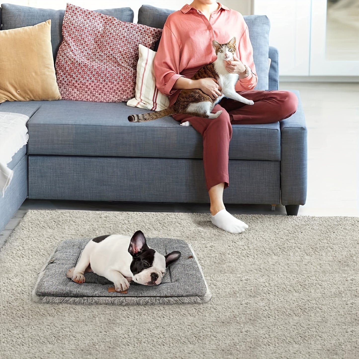 Polyester pet bed with memory foam and odor control for small pets and rabbits, cats, dogs.