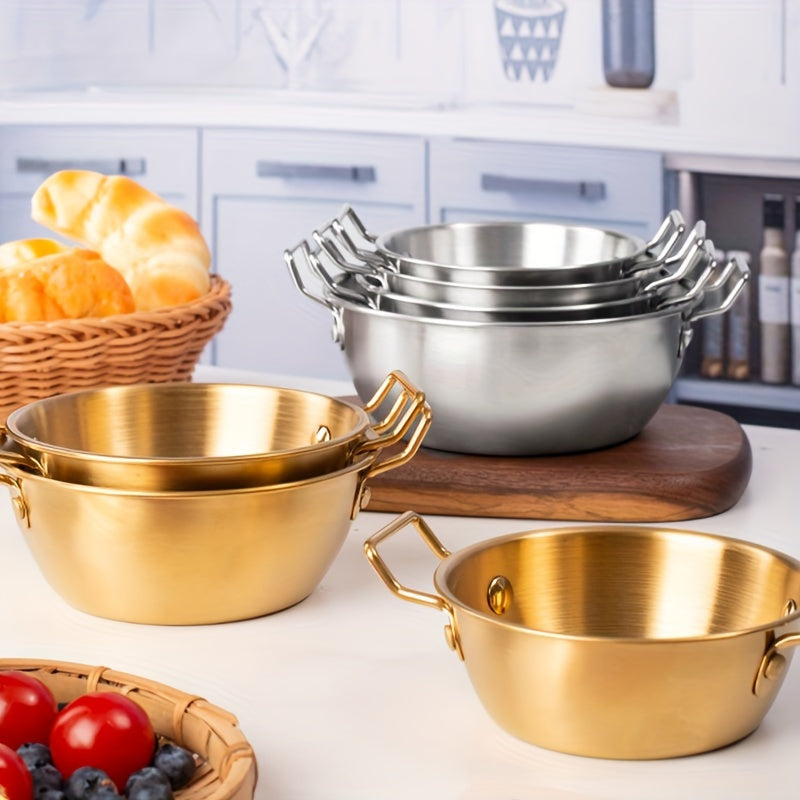 Durable stainless steel bowl with handles for versatile use, ideal for Asian cuisine.