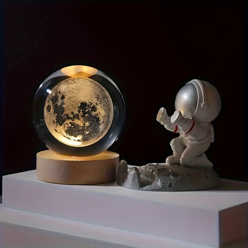 3D Crystal Ball with Solar System & Moon Engraving - USB Powered, Space Decor for Home and Office