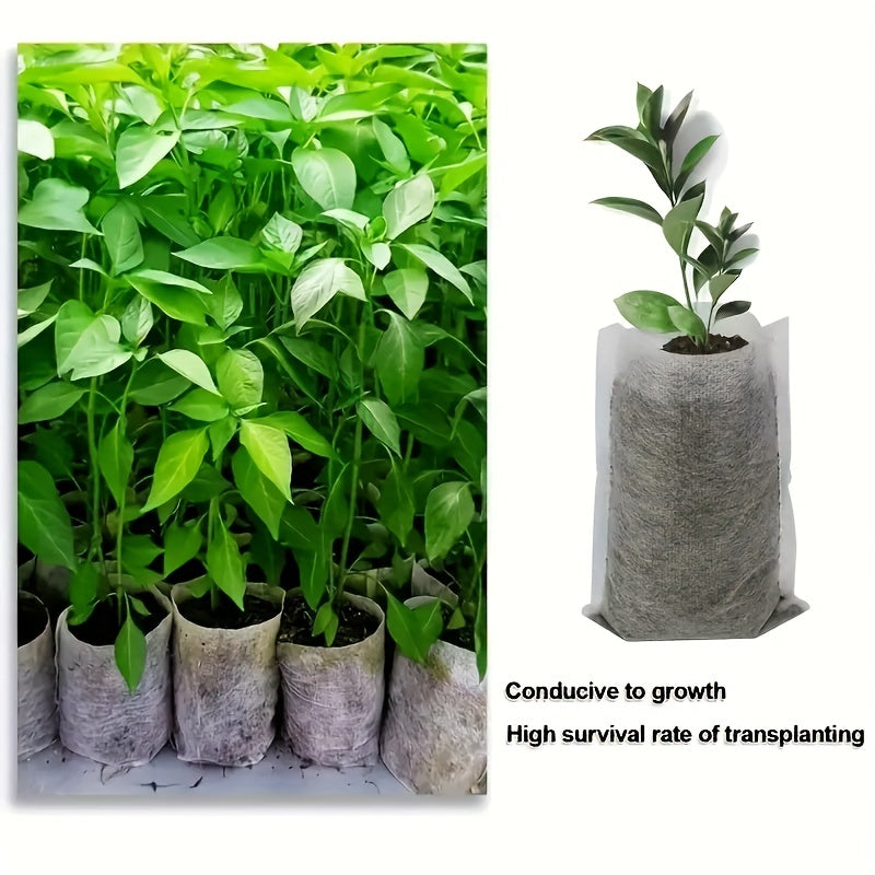 100 Biodegradable Seedling Nursery Bags in 8.0x10.01cm size, made of non-woven fabric for planting and transplanting seedlings. Ideal for home garden supplies and agricultural production.