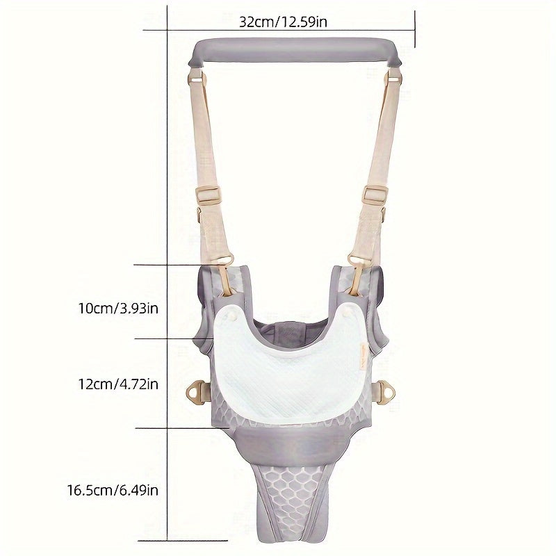 Four-season baby walking harness for infants, designed to help babies learn to walk, with vest-style carrier, handheld walking assistant, and safety belt. Available in pink, green, and