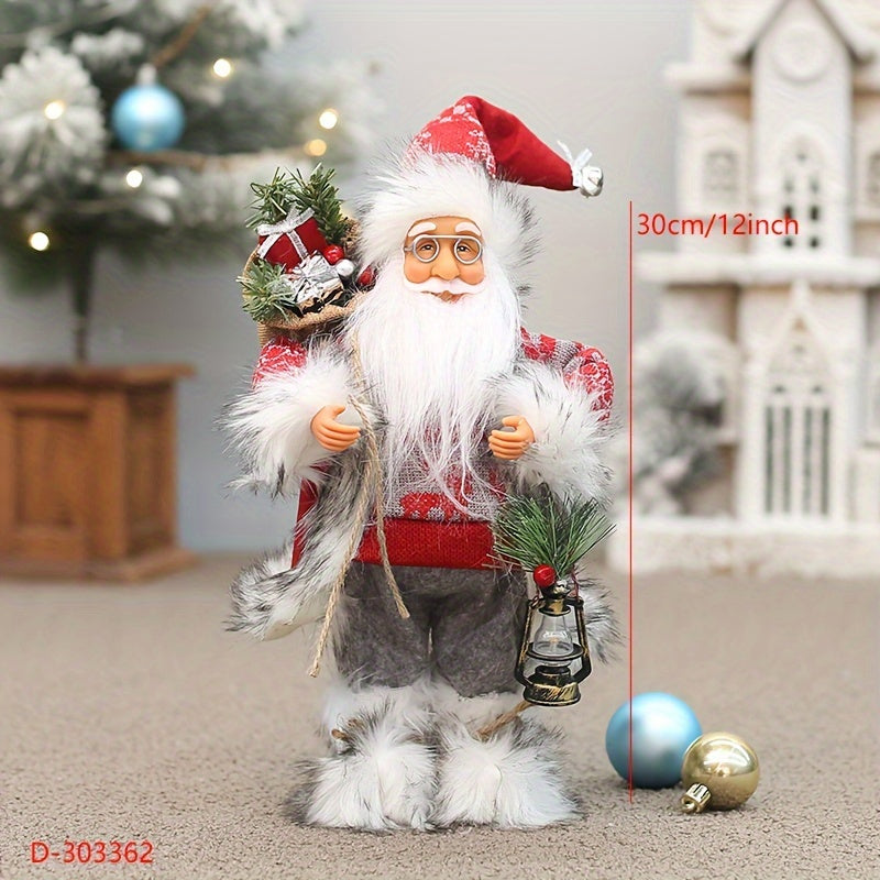 Santa Claus figure decoration with 12-inch height, wearing long fluffy snow boots, perfect for holiday and New Year's decor in homes or businesses.