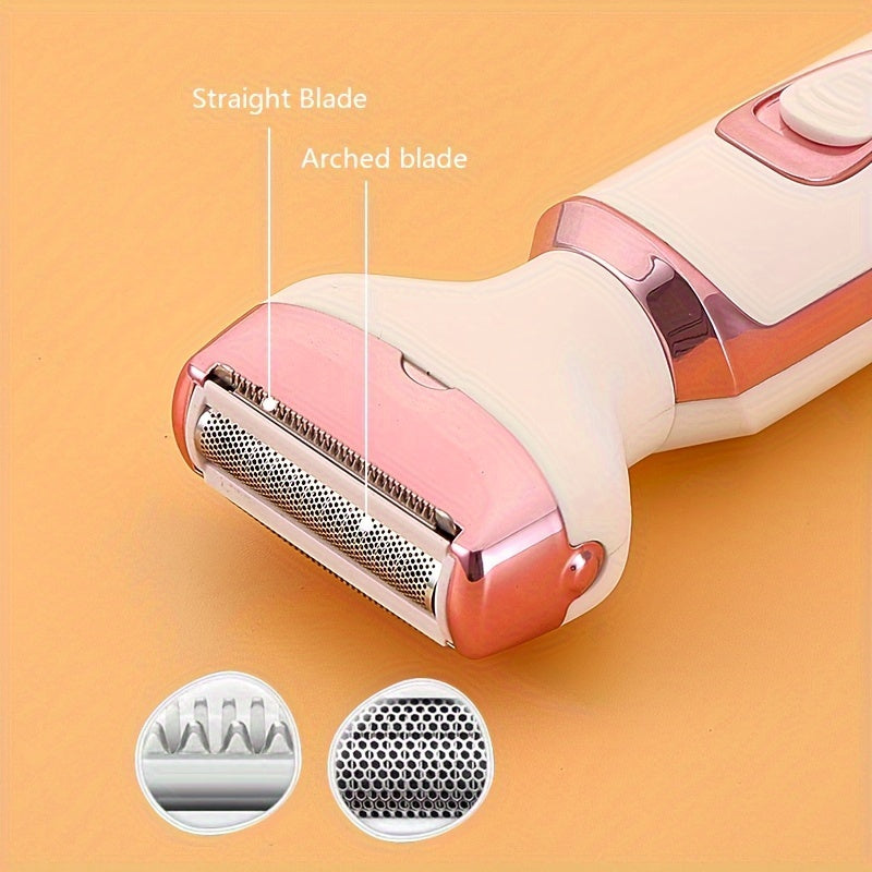 Women's electric razor kit with 4 functions: face, nose, legs, and bikini area shaving. USB rechargeable, painless design, suitable for wet/dry use. Portable with 500mAh lithium battery.