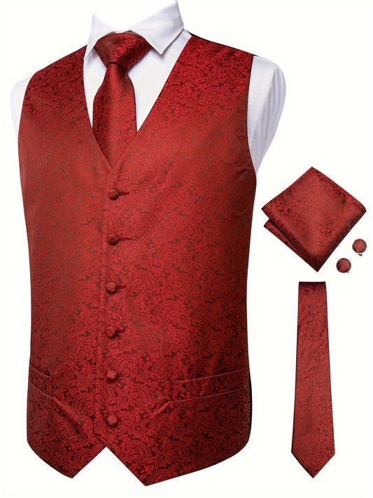 Set of 4 Plus Size Men's Paisley Vest with Necktie, Hanky, Cufflinks for Business, Wedding, Party