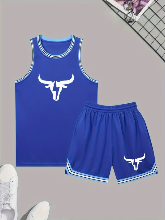 Men's athletic tank top and shorts set made of polyester knit fabric with slight stretch. Features a casual sports style, solid color with logo detail, and all-season loose fit activewear.