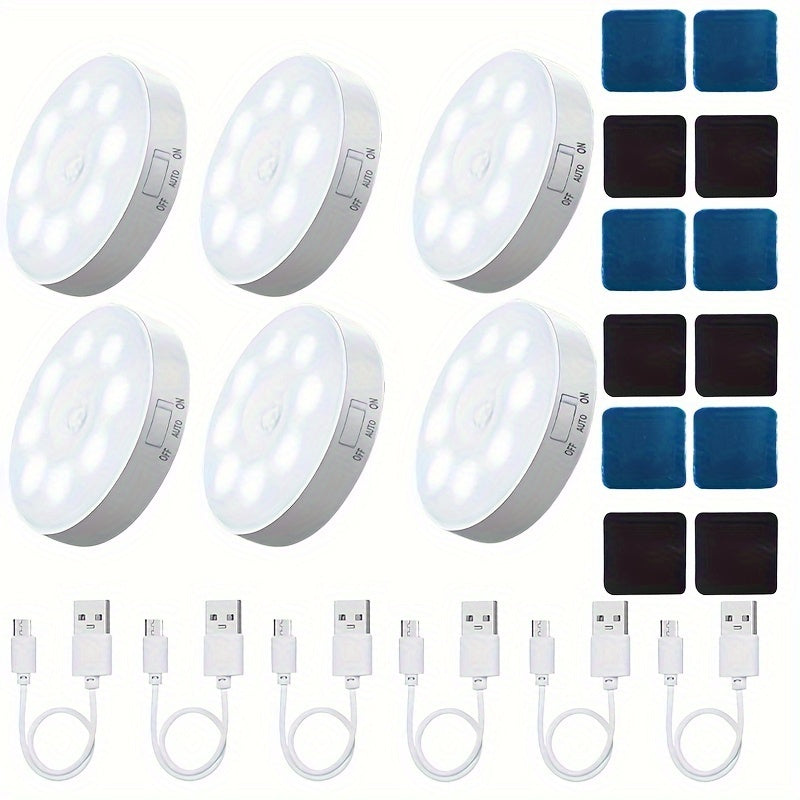 AMill 6-Pack USB Rechargeable LED Motion Sensor Lights for indoor use, with magnetic stick-on feature and infrared detection. Suitable for staircases, closets, bedrooms, and offices.