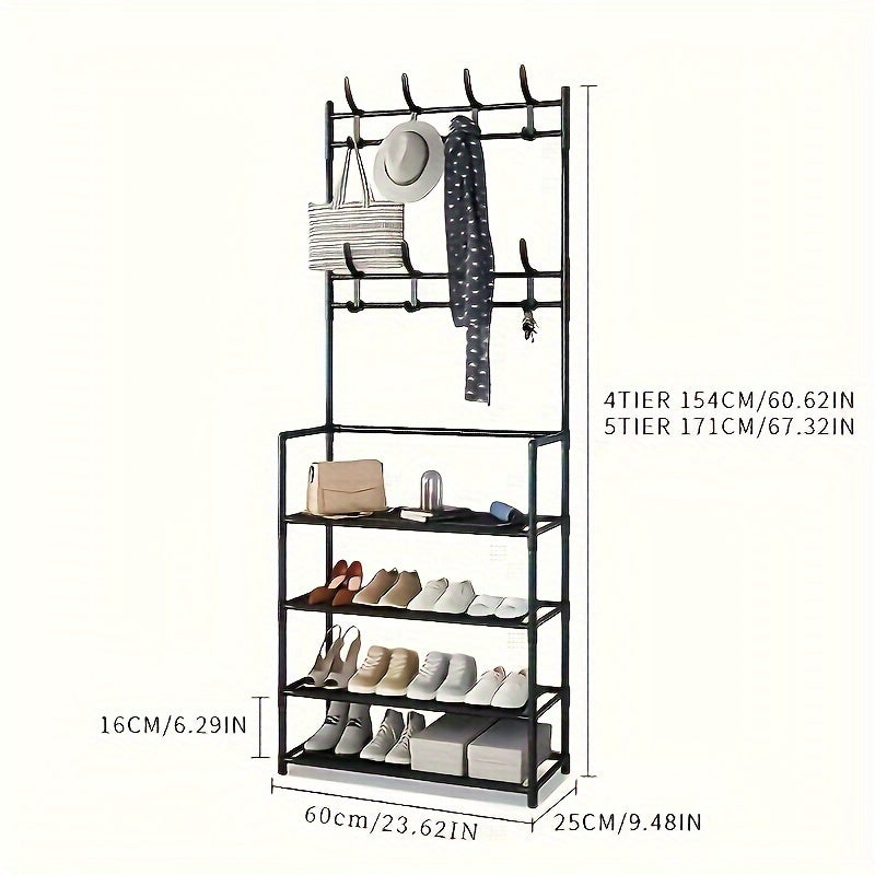 Multi-tier iron storage organizer with 8 dual hooks, versatile shoe rack and coat hanger for various rooms - uncharged, includes SKU quantity.