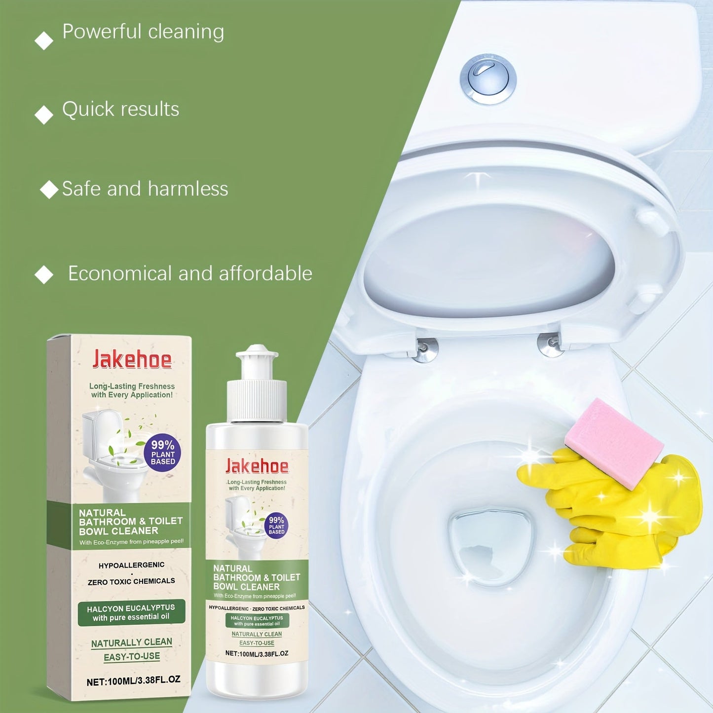 Jakehoe Toilet Bowl Cleaner is a hypoallergenic, residue-free solution in liquid form. With a capacity of less than 1 liter (100ml/3.38fl oz), this gentle formula contains sodium bicarbonate that effectively freshens odors and is safe for use on ceramic