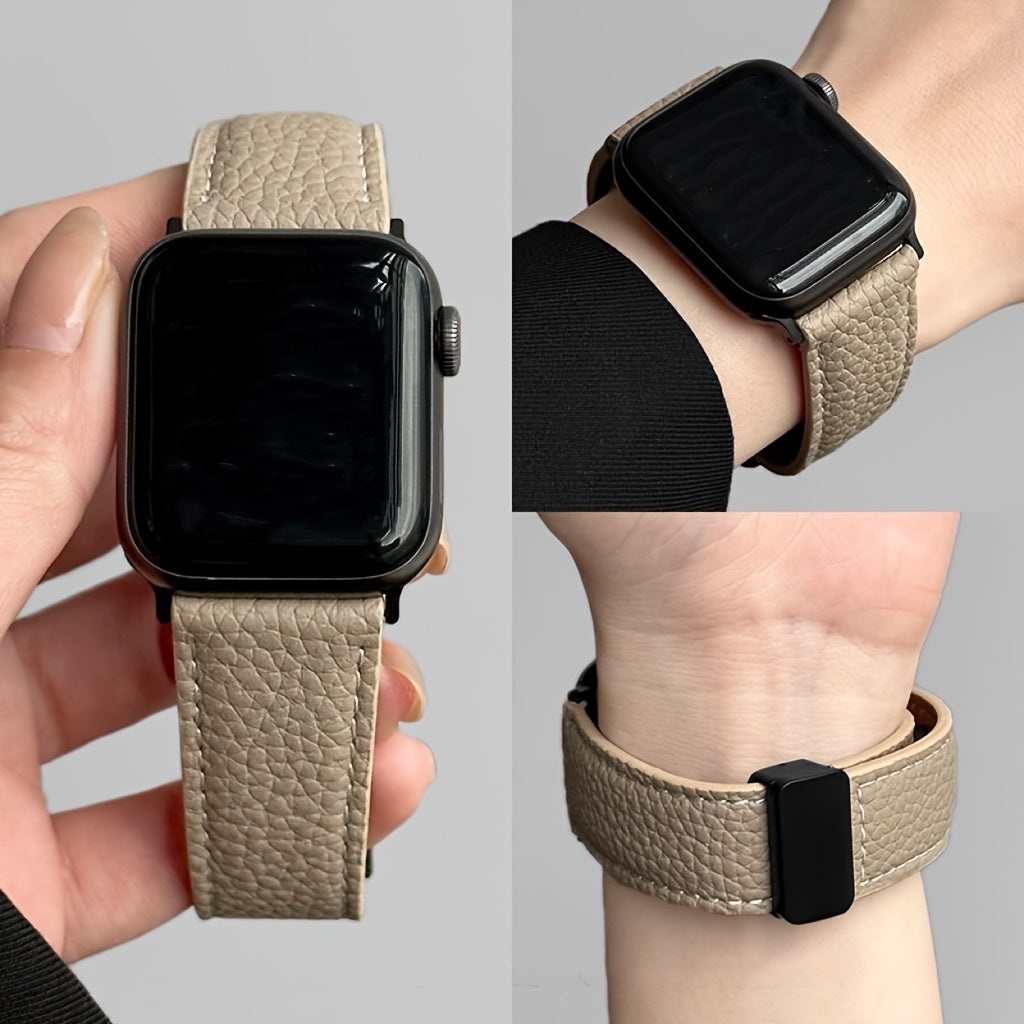 Litchi-patterned patent Apple Watch strap with magnetic buckle, water-resistant, iron clasp - Compatible with Apple Watch SE/S123456789, Beige with Dark Brown accents, Textured woven design