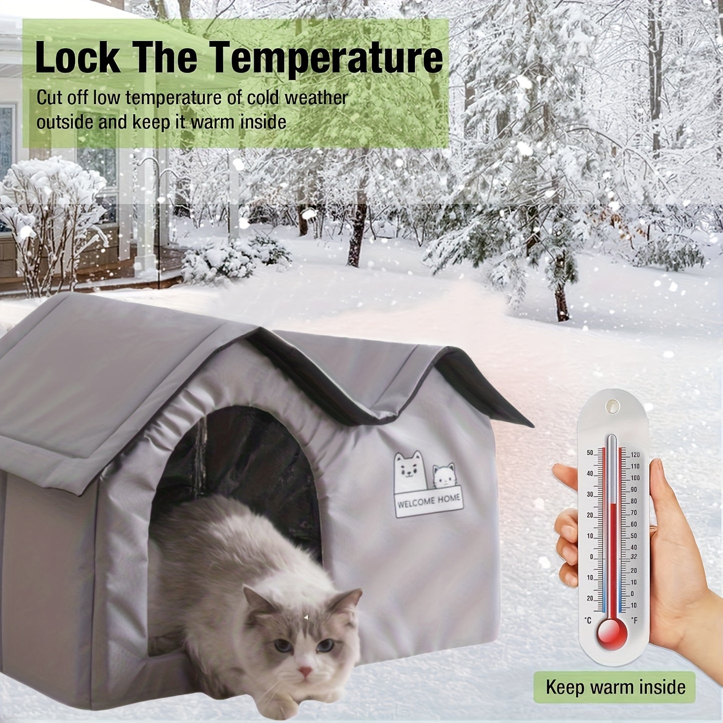 All-weather cat house with removable mat and paw print blanket, perfect for indoor or outdoor use.