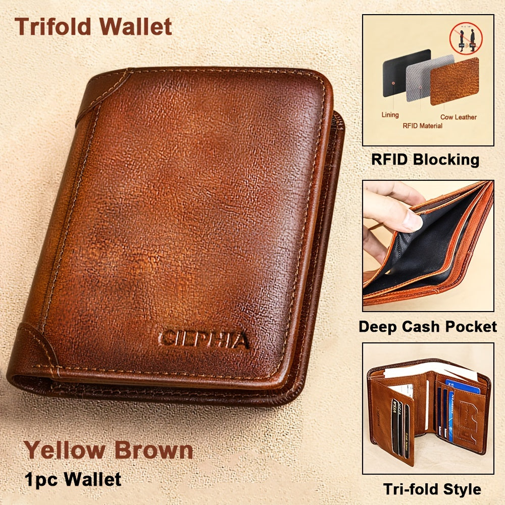 CIEPHIA Vintage Genuine Leather Wallet for Men, RFID Blocking, Deep Brown with Embossed Logo, Ideal Valentine's Day Gift