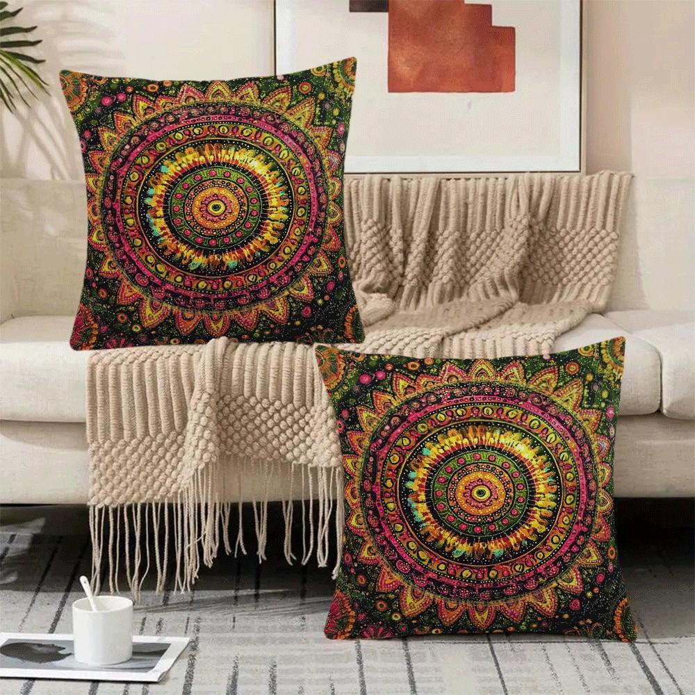 Two Bohemian Mandala Flannel Pillow Covers in a pack, each measuring 45.72x45.72 cm. Featuring an invisible zipper and machine washable design, these decorative cushion cases are suitable for all seasons and boast a modern style. Perfect for back