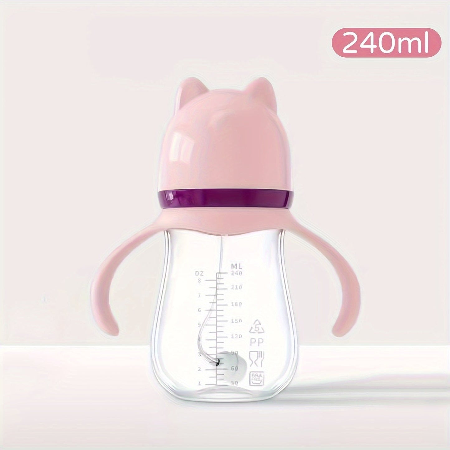 Gift your newborn with this adorable 240ml bottle featuring cute cat ears. Made from heat-resistant PP material and designed with a wide mouth for easy feeding, this shatterproof water cup is the perfect birthday or baby shower gift for any new parent.