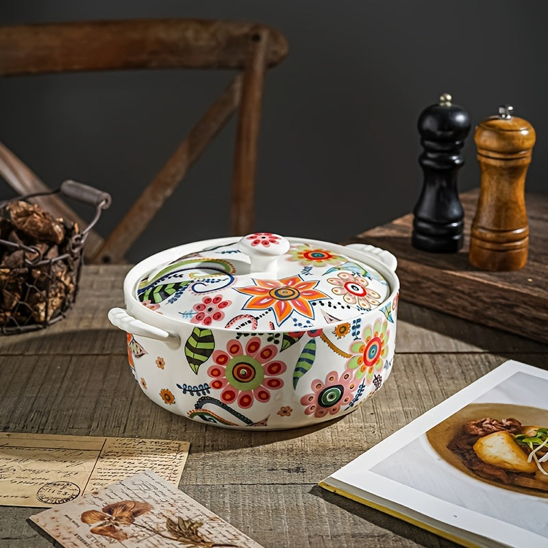 Traditional Chinese Style Soup Pot with Double Handles, featuring a Floral Pattern and Lid, made of Ceramic