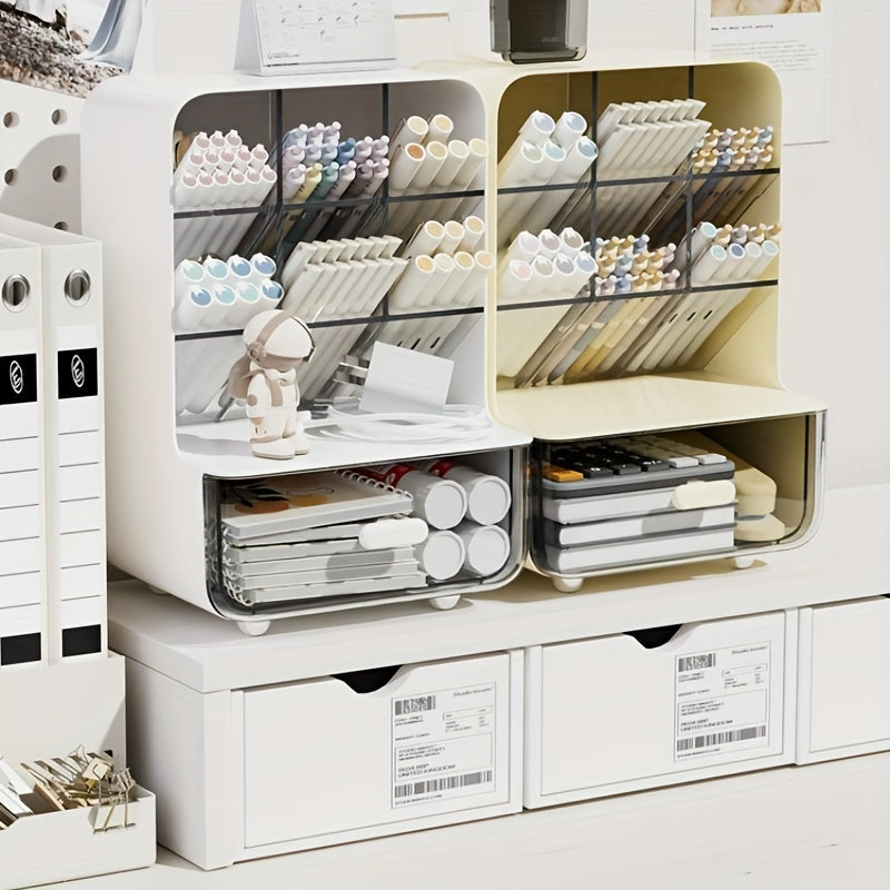 Large capacity plastic desk organizer with drawer for stationery and accessories. Can support pens, notes, and more.