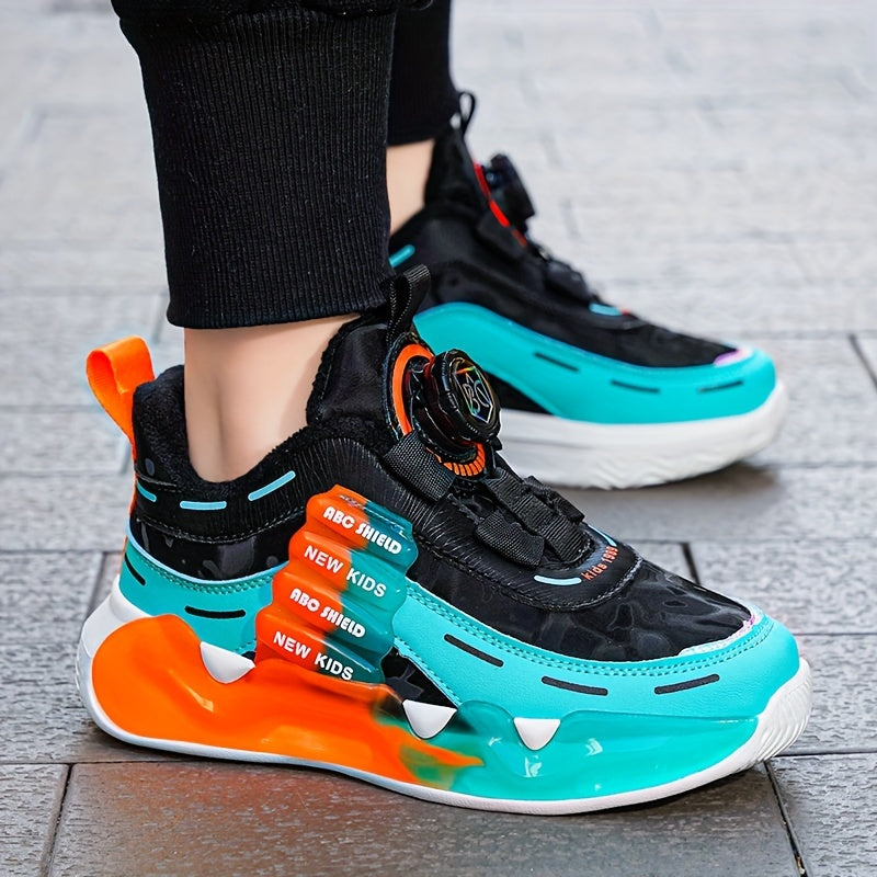 Mid-top youngsters athletic sneakers with breathable and non-slip design. Features hook-and-loop fastener strap, colorful cloud pattern, and letter design. Durable EVA sole suitable for all