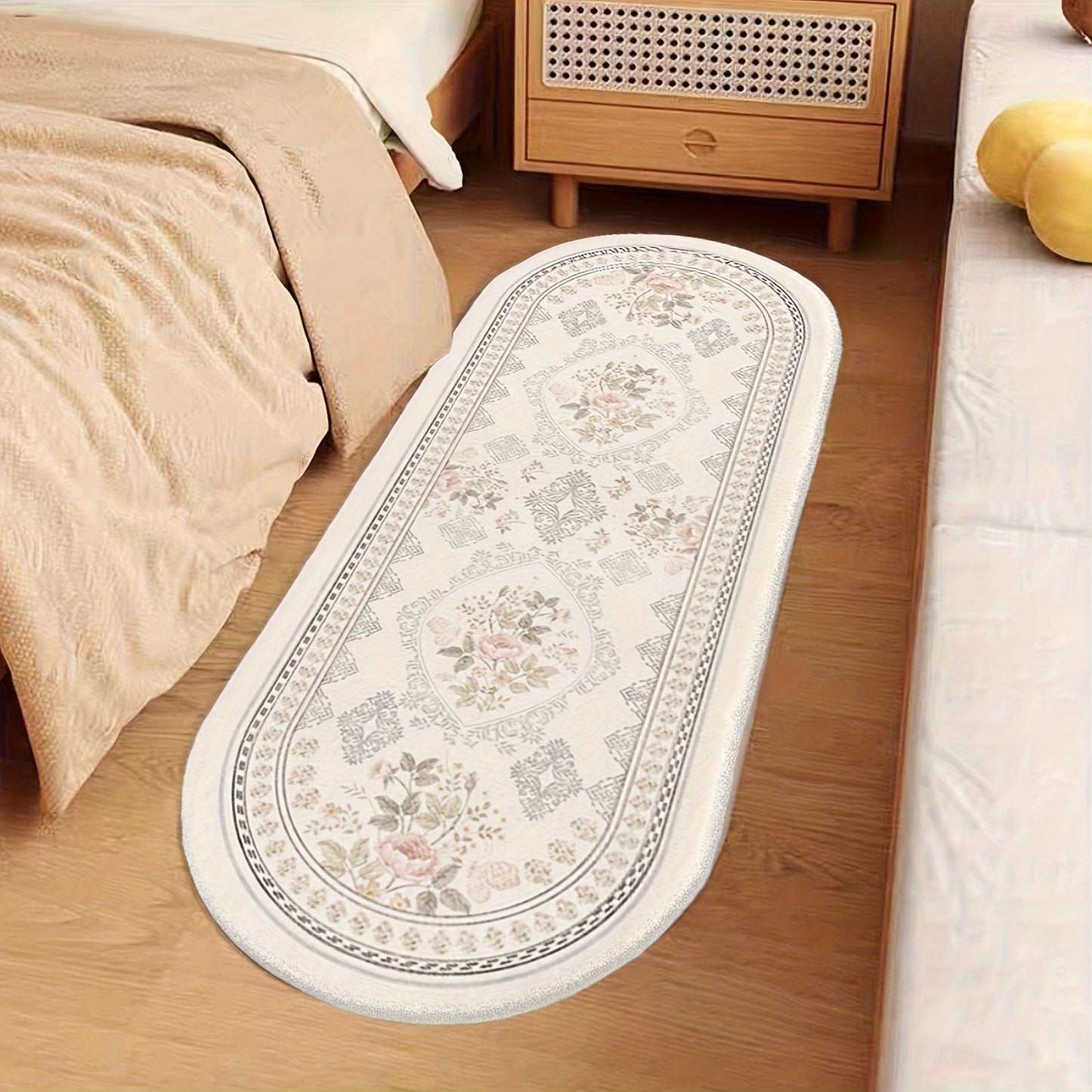 Soft and Non-Slip Plush Flower Pattern Oval Bedside Rug - Decorative Floor Mat for Bedroom, Living Room, and Sofa - Perfect for Farmhouse Home Decor and Aesthetic Indoor Art Supplies