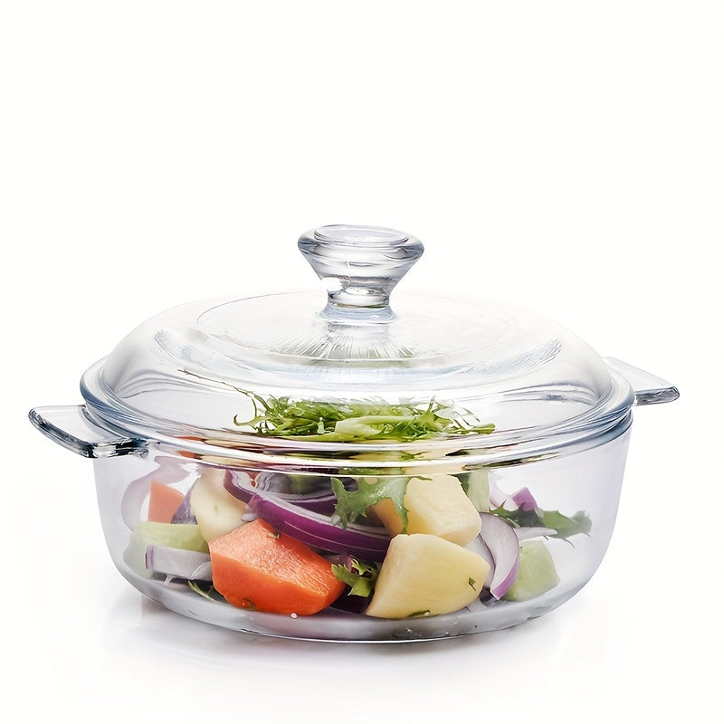 Glass casserole dish with lid designed for oven and microwave use. Dimensions: 28.09cm diameter, 21.11cm depth, with 11.0cm handles. Perfect for baking and cooking.