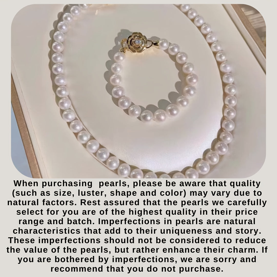 Vintage luxury style Elegant Freshwater Pearl Jewelry Set featuring a beautiful Camellia clasp, includes both necklace and bracelet. Ideal for Mother's Day and special occasions.