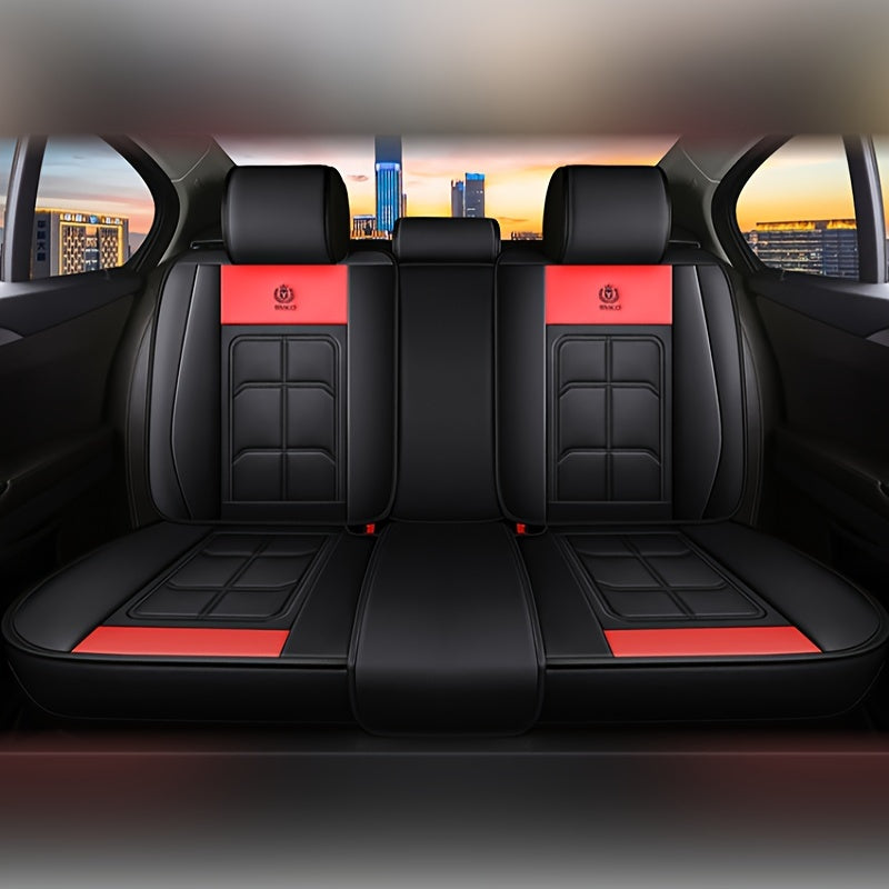 Luxury PU leather car seat covers with red accents for sedans and SUVs, durable and comfortable, fit for cars and luxury vehicles, stylish interior accessory with sponge filling.