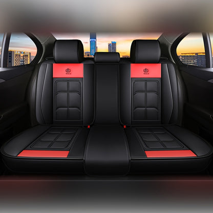 Luxury PU leather car seat covers with red accents for sedans and SUVs, durable and comfortable, fit for cars and luxury vehicles, stylish interior accessory with sponge filling.