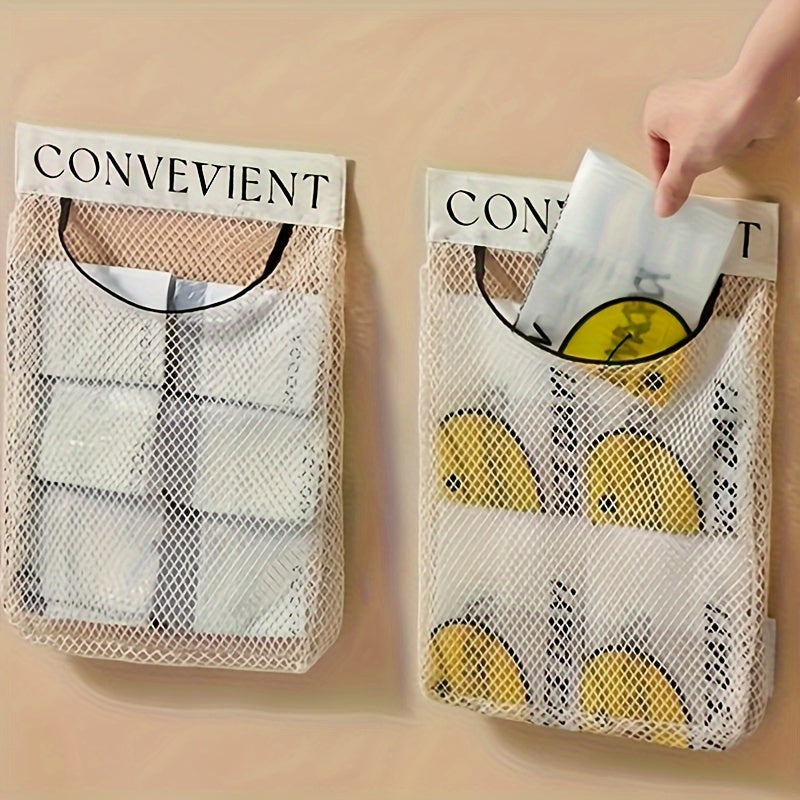 Wall-mounted organizer for plastic bags that saves space - Elastic mesh storage rack for kitchen and clothes bags, reusable and non-food grade